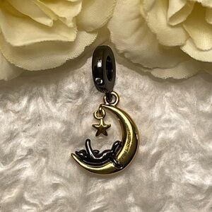Bracelet Charm Black Cat Laying on Moon Playing with Star